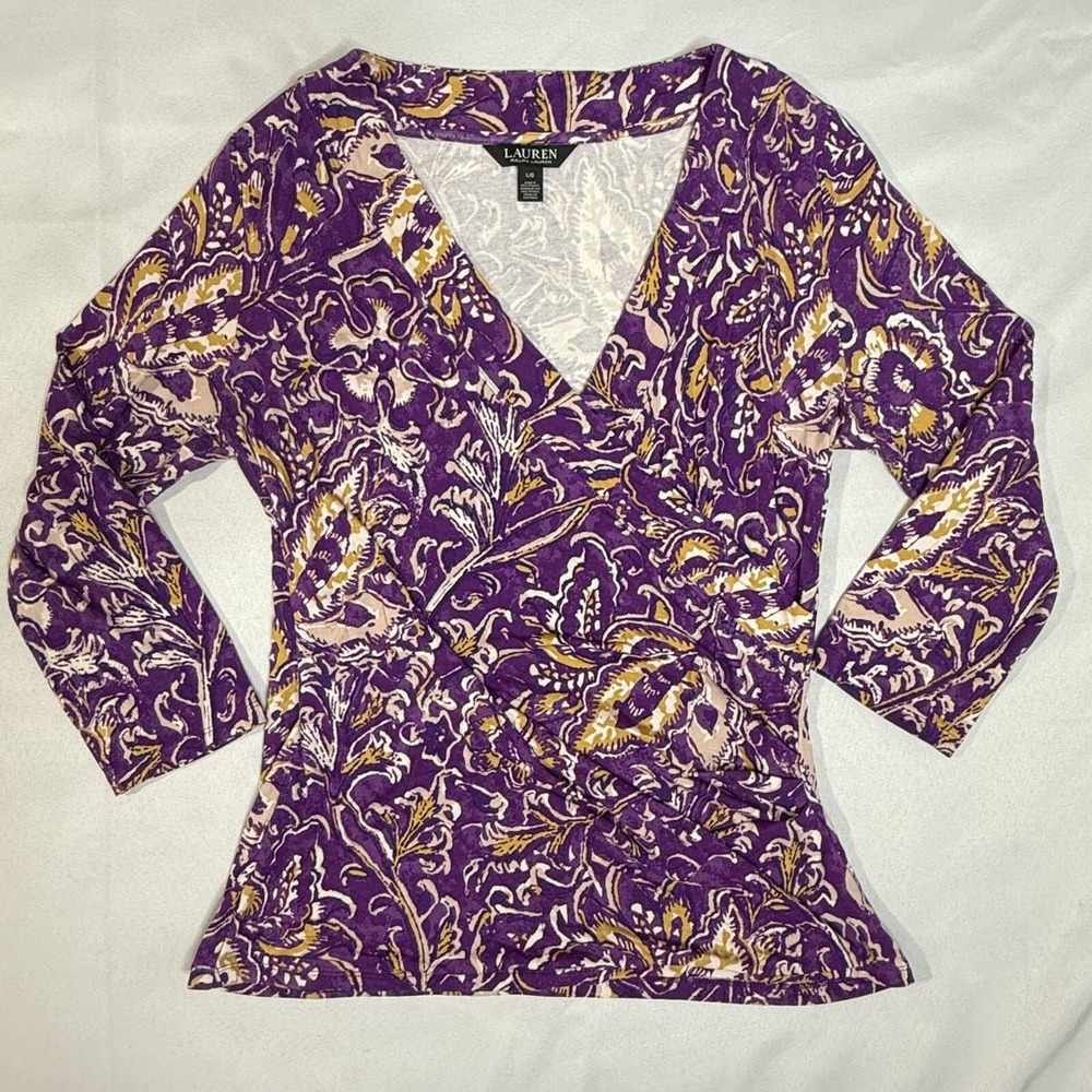 Ralph Lauren Black Label L Alyaja Mid Pullover‎ Gold Purple Yellow Paisley Wrap